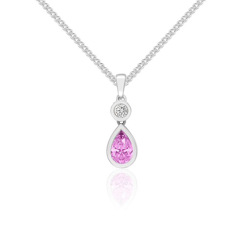 18ct White Gold Pear Shaped Natural Pink Sapphire & Diamond Two Stone Rubover Pendant — 6x4mm