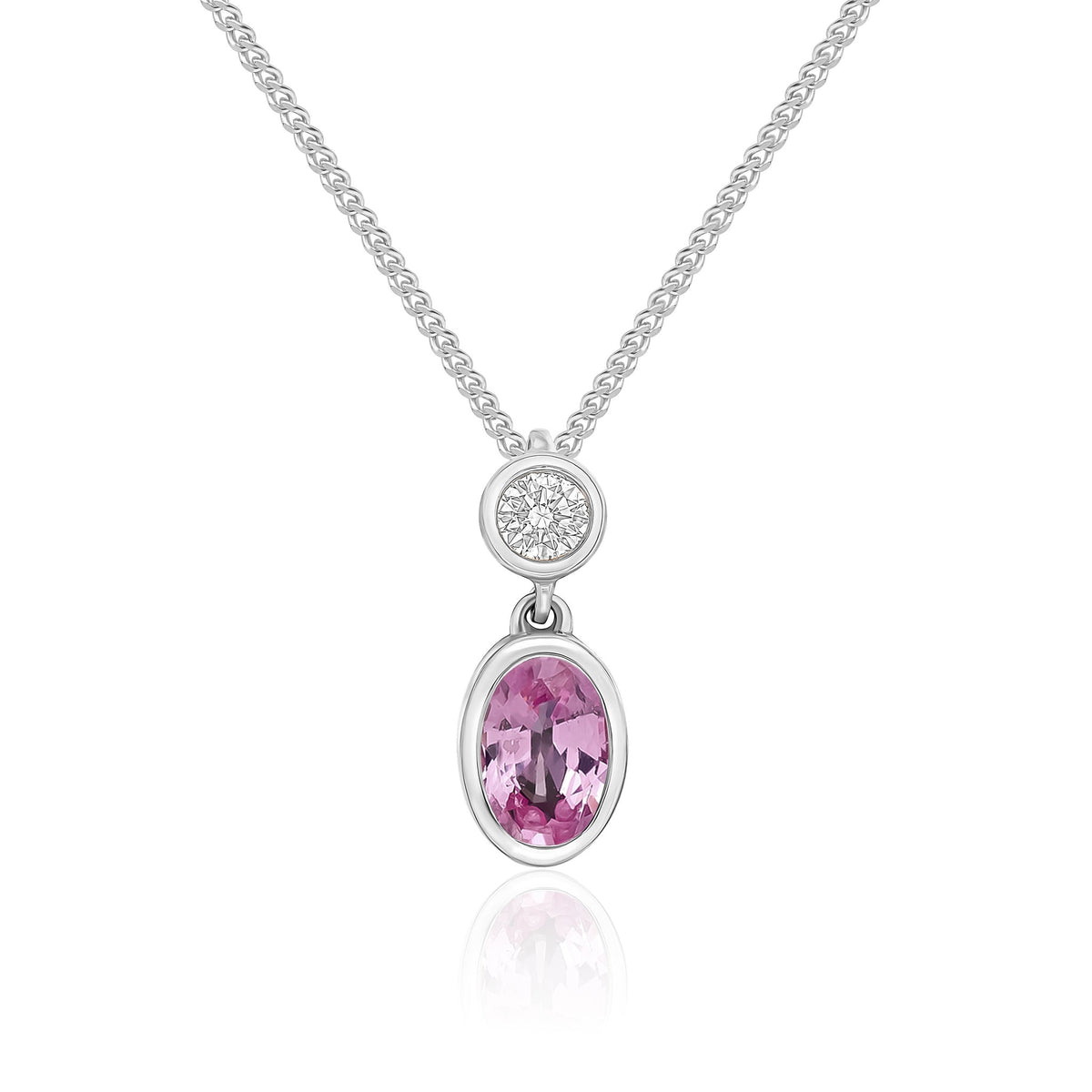 18ct White Gold Oval Natural Pink Sapphire & Diamond Two Stone Rubover Slider Pendant — 6x4mm