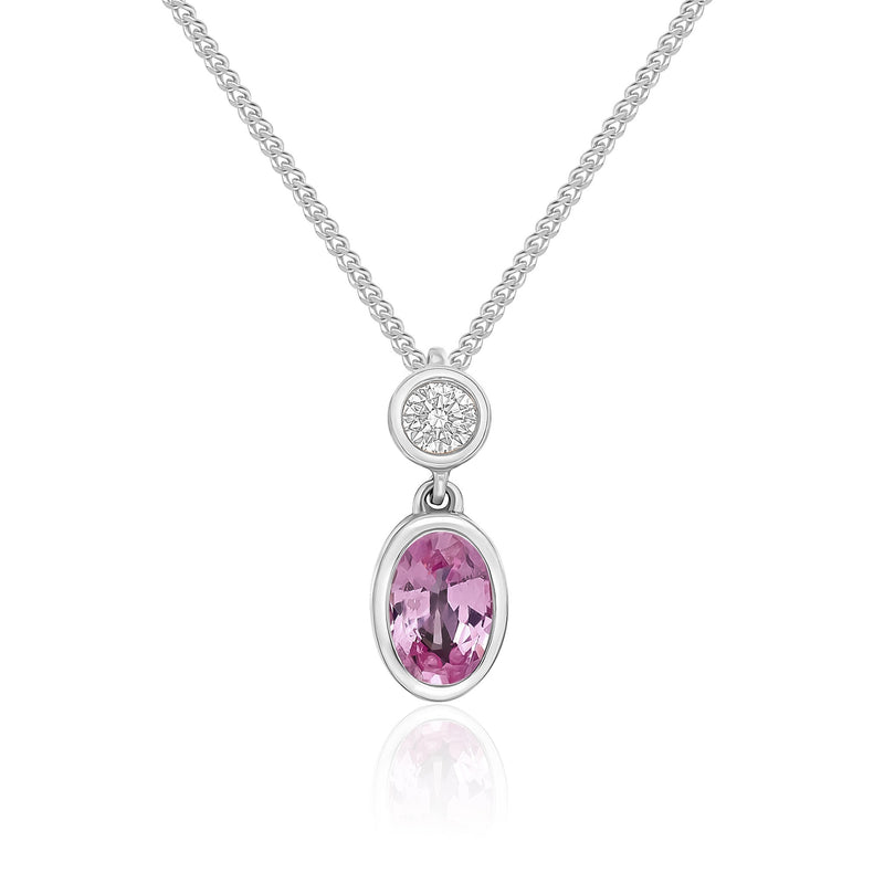 18ct White Gold Oval Natural Pink Sapphire & Diamond Two Stone Rubover Slider Pendant — 6x4mm