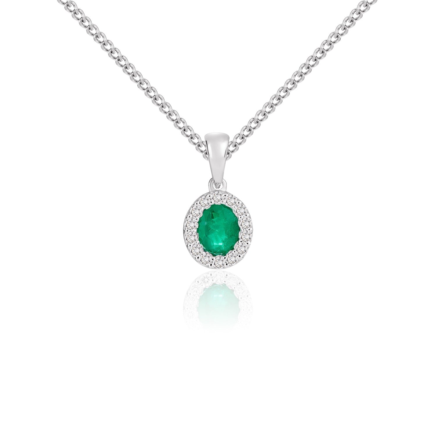18ct White Gold Oval Natural Emerald and Diamond Cluster Pendant — 5x4mm
