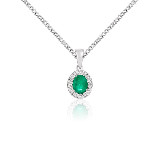18ct White Gold Oval Natural Emerald and Diamond Cluster Pendant — 5x4mm
