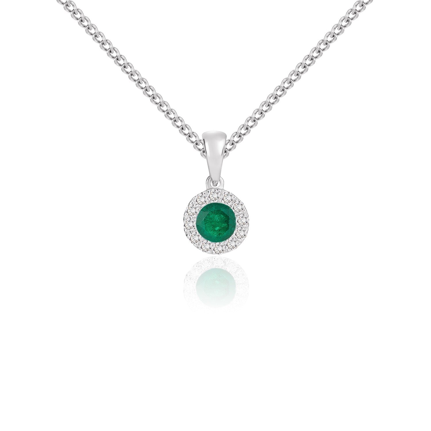 18ct White Gold Round Natural Emerald and Diamond Cluster Pendant — 4mm
