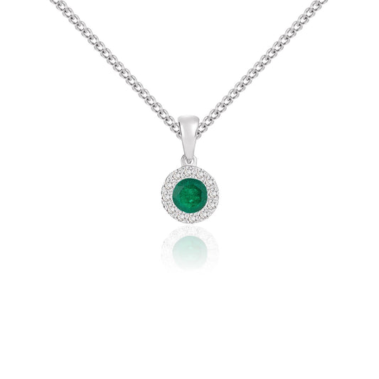 18ct White Gold Round Natural Emerald and Diamond Cluster Pendant — 4mm