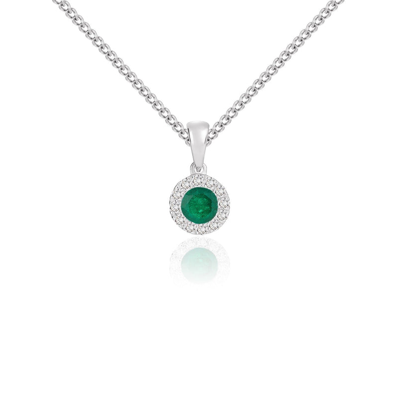 18ct White Gold Round Natural Emerald & Diamond Microset Cluster Pendant — 4mm