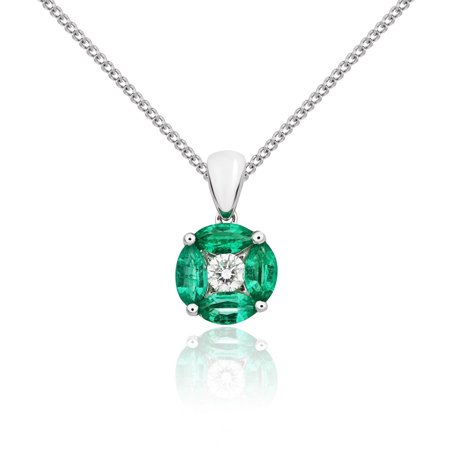 18ct White Gold Marquise Natural Emerald and Diamond Cluster Pendant — 8mm