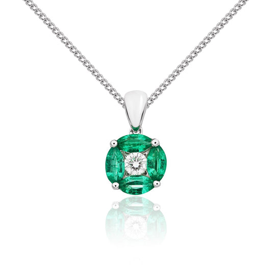 18ct White Gold Marquise Natural Emerald and Diamond Cluster Pendant — 8mm
