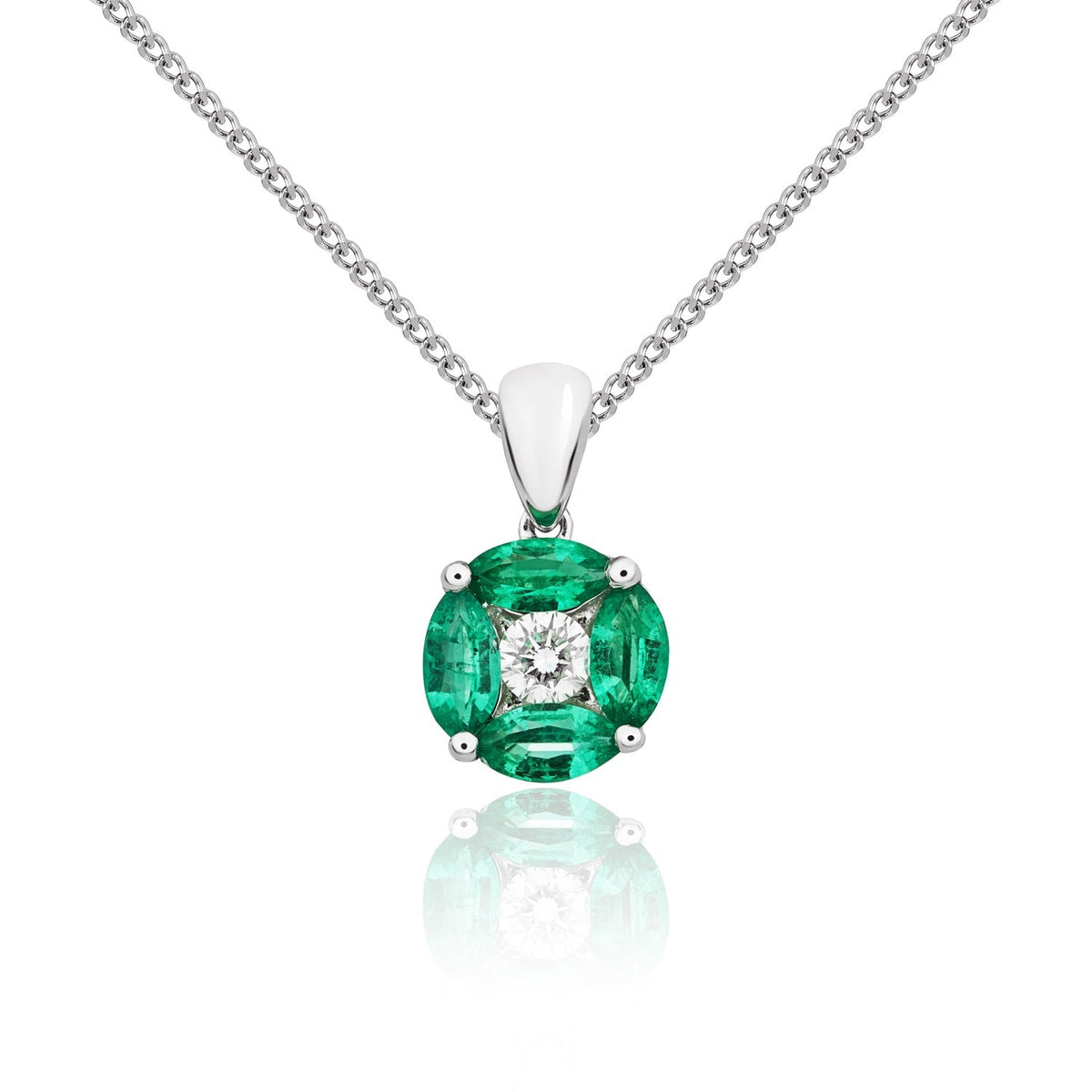 18ct White Gold Marquise Natural Emerald & Diamond Cluster Pendant — 8mm