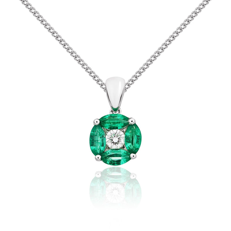 18ct White Gold Marquise Natural Emerald & Diamond Cluster Pendant — 8mm