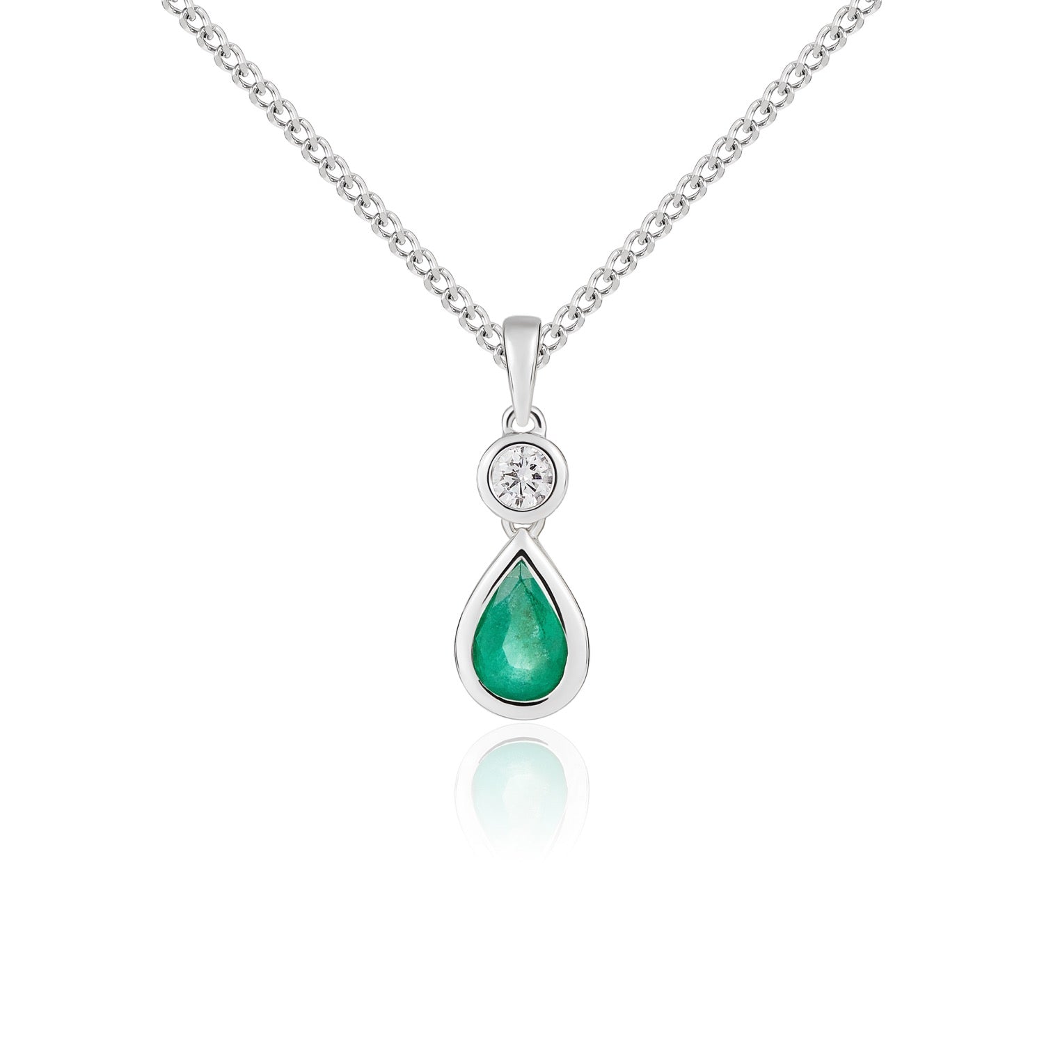 18ct White Gold Pear Shaped Natural Emerald and Diamond Rubover Pendant — 6x4mm