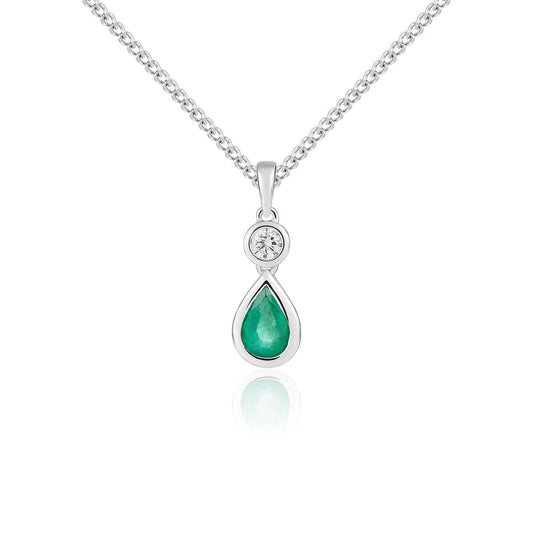 18ct White Gold Pear Shaped Natural Emerald and Diamond Rubover Pendant — 6x4mm
