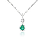 18ct White Gold Pear Shaped Natural Emerald & Diamond Two Stone Rubover Pendant — 6x4mm