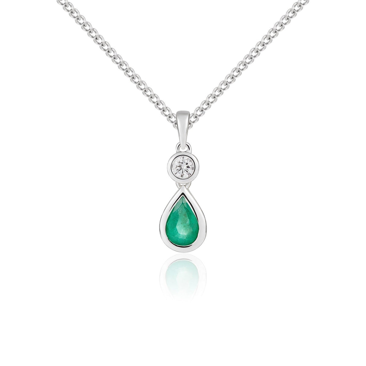 18ct White Gold Pear Shaped Natural Emerald & Diamond Two Stone Rubover Pendant — 6x4mm