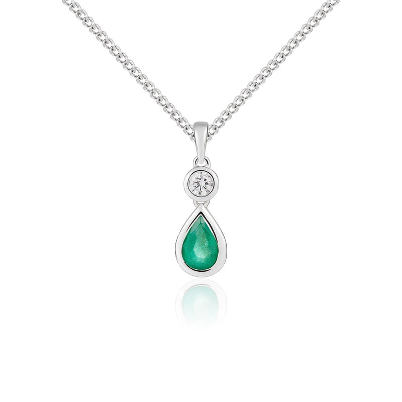 18ct White Gold Pear Shaped Natural Emerald & Diamond Two Stone Rubover Pendant — 6x4mm