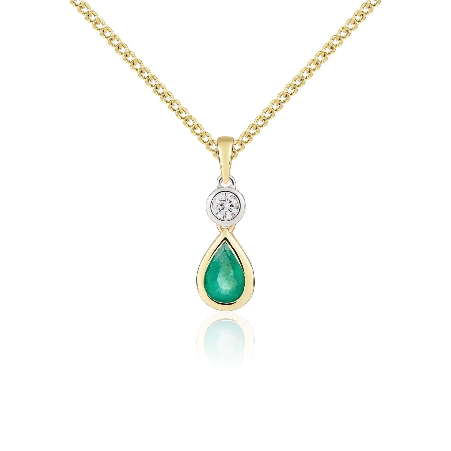 18ct Yellow and White Gold Pear Shaped Natural Emerald and Round Diamond Two Stone Pendant — 6x4mm