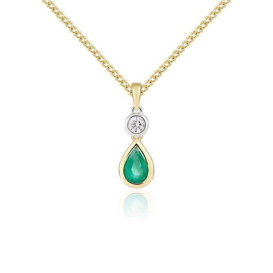 18ct Yellow and White Gold Pear Shaped Natural Emerald and Round Diamond Two Stone Pendant — 6x4mm