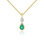 18ct Yellow Gold Pear Shaped Natural Emerald & Diamond Two Stone Rubover Pendant — 6x4mm