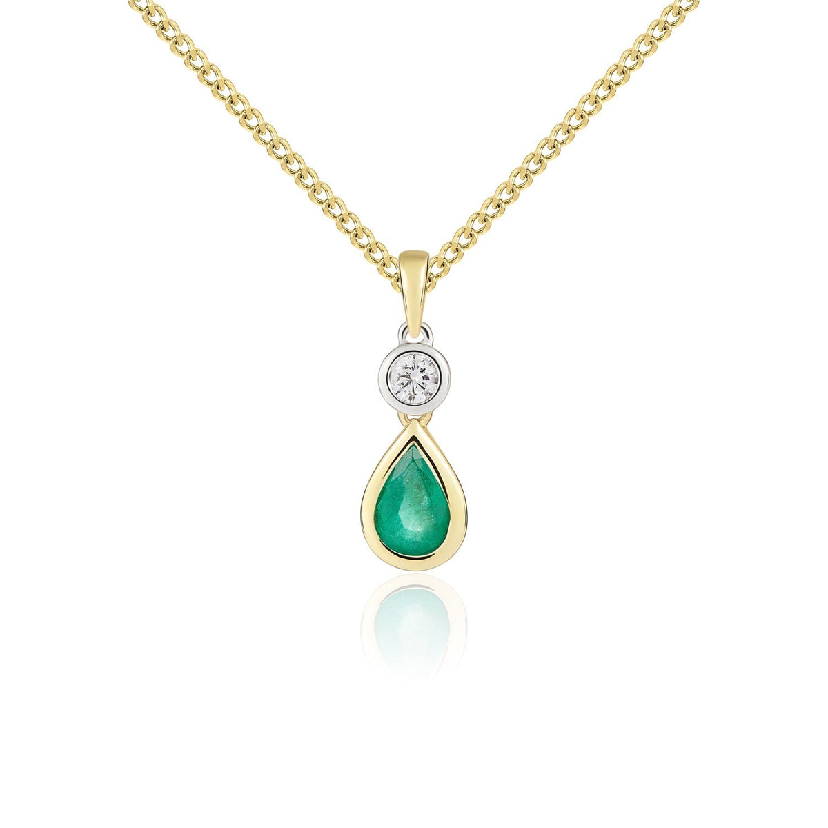 18ct Yellow Gold Pear Shaped Natural Emerald & Diamond Two Stone Rubover Pendant — 6x4mm