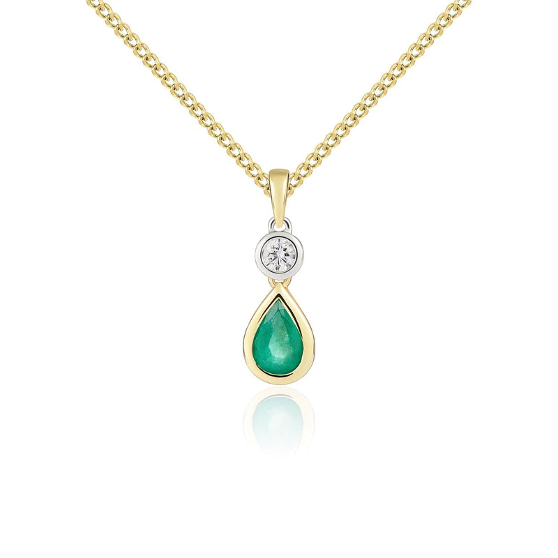 18ct Yellow Gold Pear Shaped Natural Emerald & Diamond Two Stone Rubover Pendant — 6x4mm