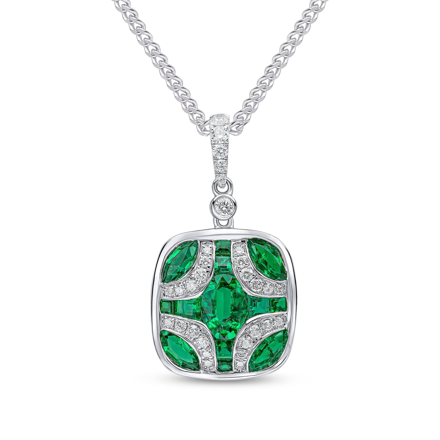 18ct White Gold Emerald and Diamond Shield Pendant with Diamond Set Loop — 14x13mm