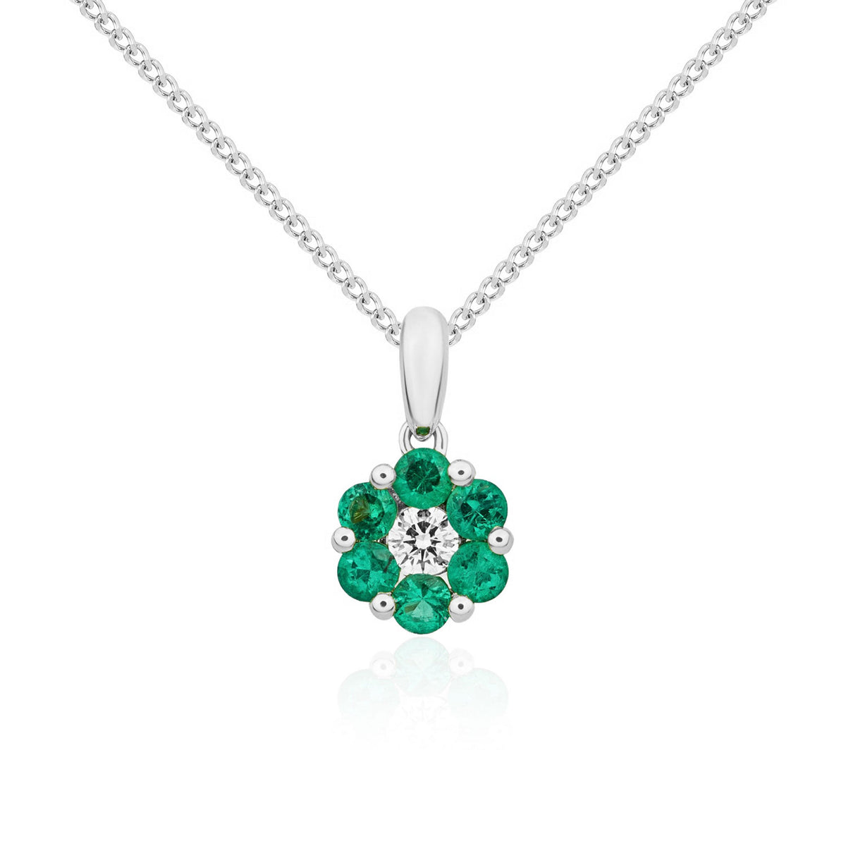 18ct White Gold Natural Emerald & Diamond Reverse Cluster Pendant