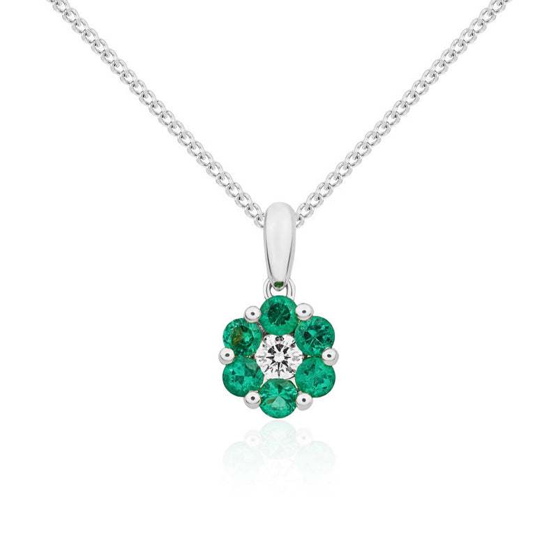 18ct White Gold Natural Emerald & Diamond Reverse Cluster Pendant