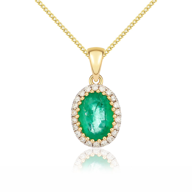 18ct Yellow Gold Oval Natural Emerald & Diamond Claw Set Cluster Pendant — 7x5mm