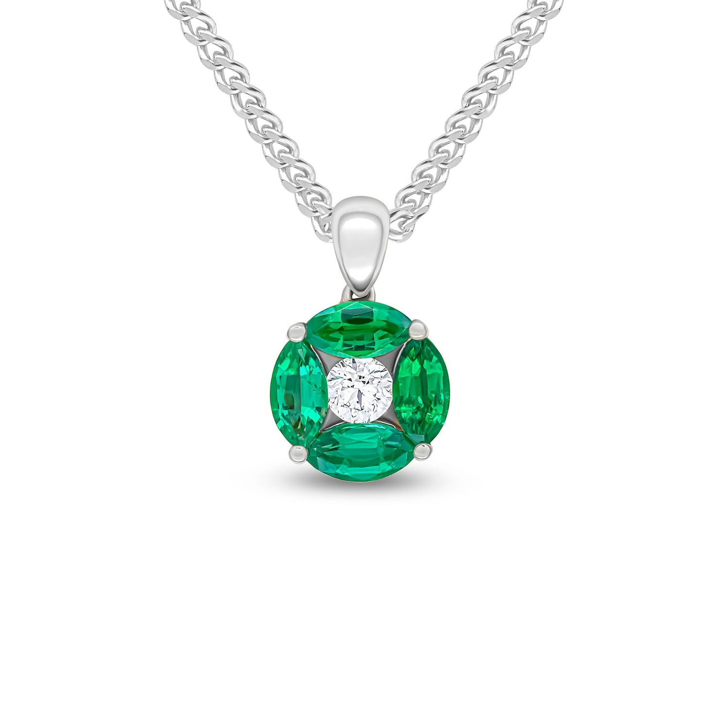 18ct White Gold Marquise Natural Emerald & Diamond Cluster Reverse Cluster Pendant