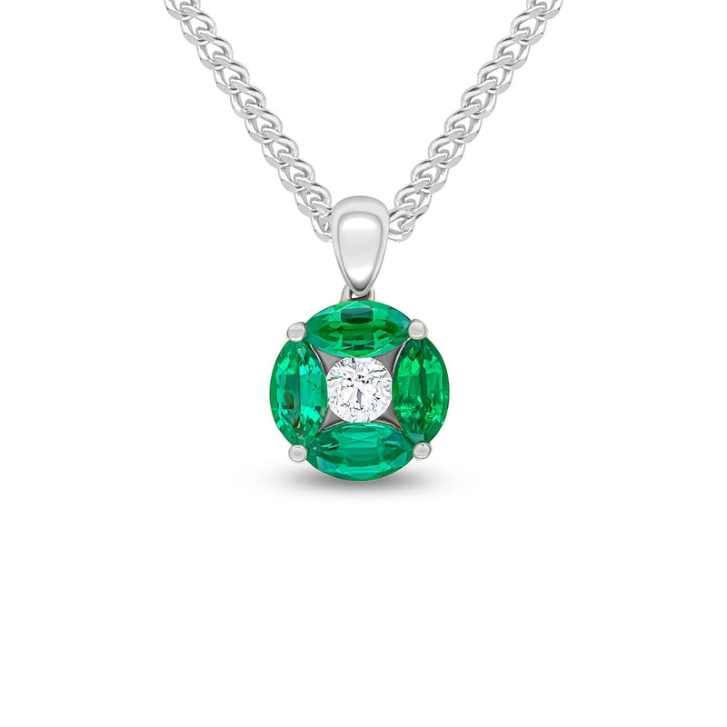 18ct White Gold Marquise Natural Emerald & Diamond Cluster Pendant — 9mm