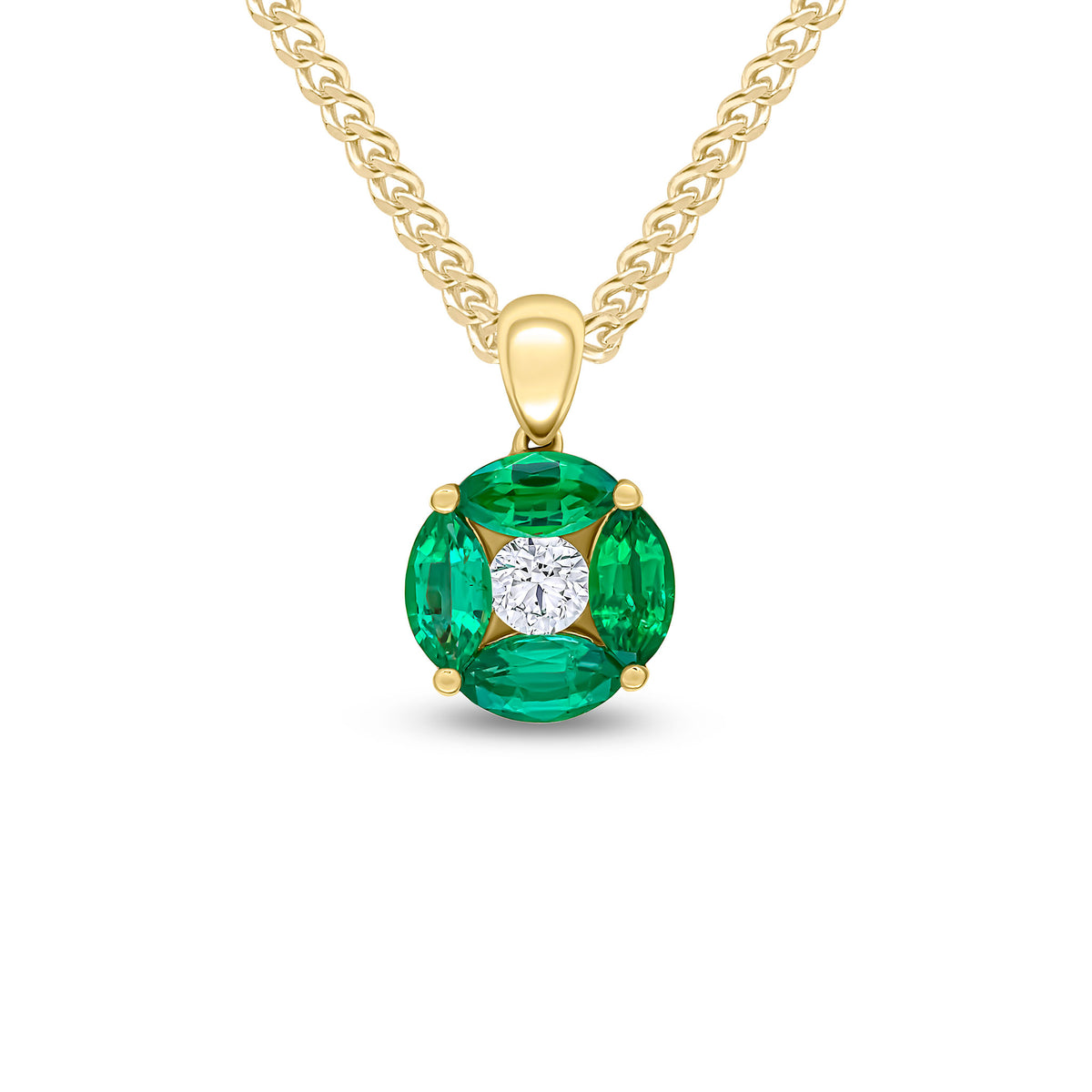 18ct Yellow Gold Marquise Natural Emerald & Diamond Cluster Pendant — 9mm