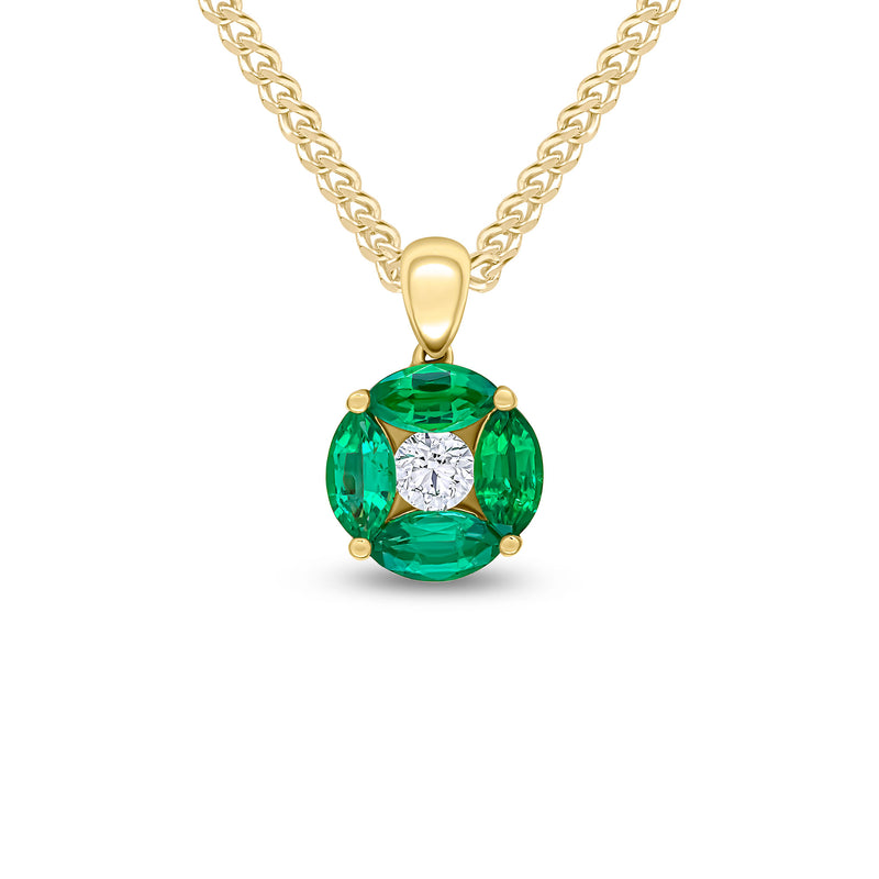 18ct Yellow Gold Marquise Natural Emerald & Diamond Cluster Pendant — 9mm