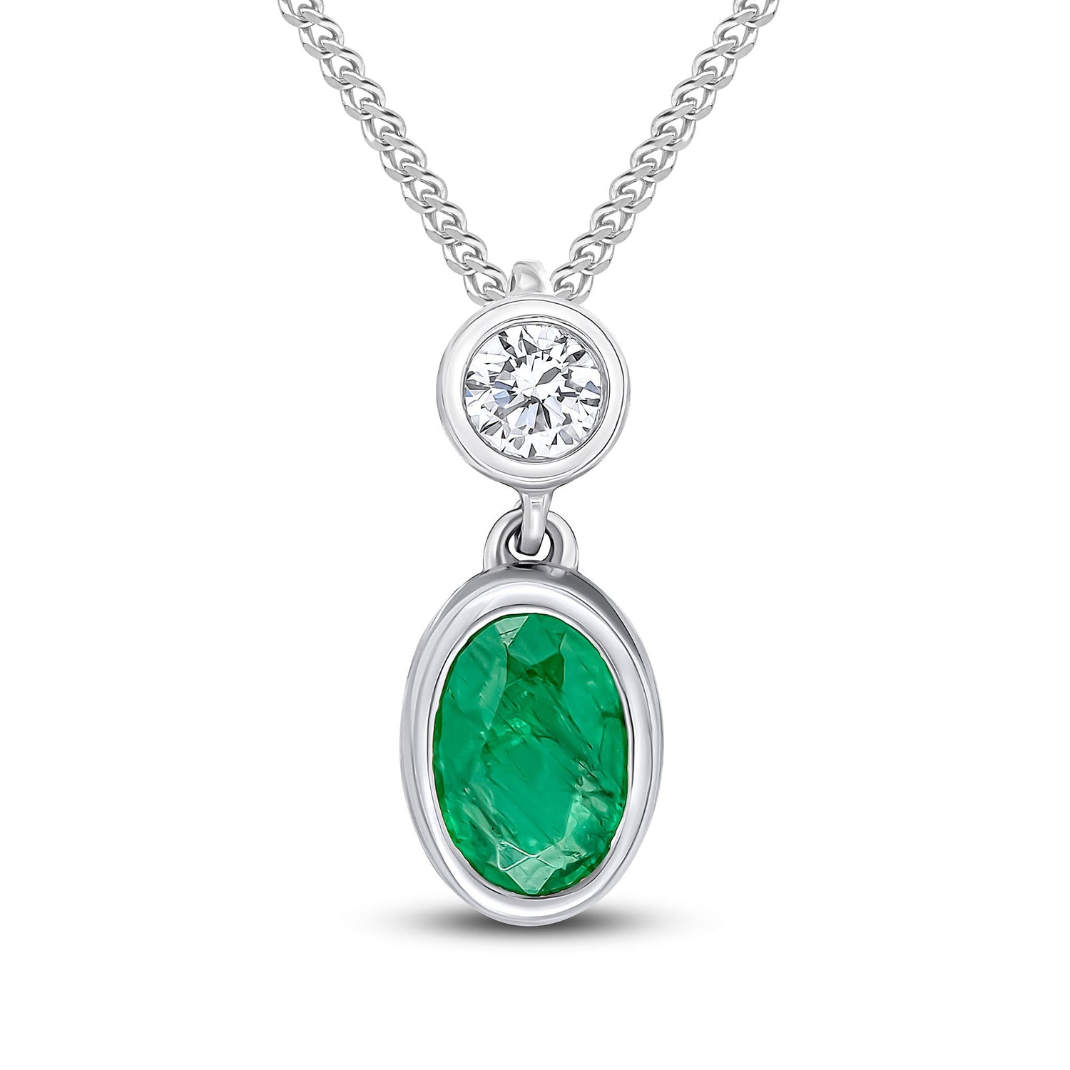 18ct White Gold Oval Natural Emerald and Round Diamond Two Stone Pendant — 6x4mm