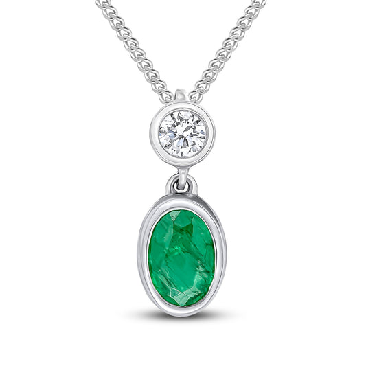 18ct White Gold Oval Natural Emerald and Round Diamond Two Stone Pendant — 6x4mm