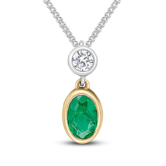 18ct Yellow and White Gold Oval Natural Emerald and Round Diamond Two Stone Pendant — 6x4mm