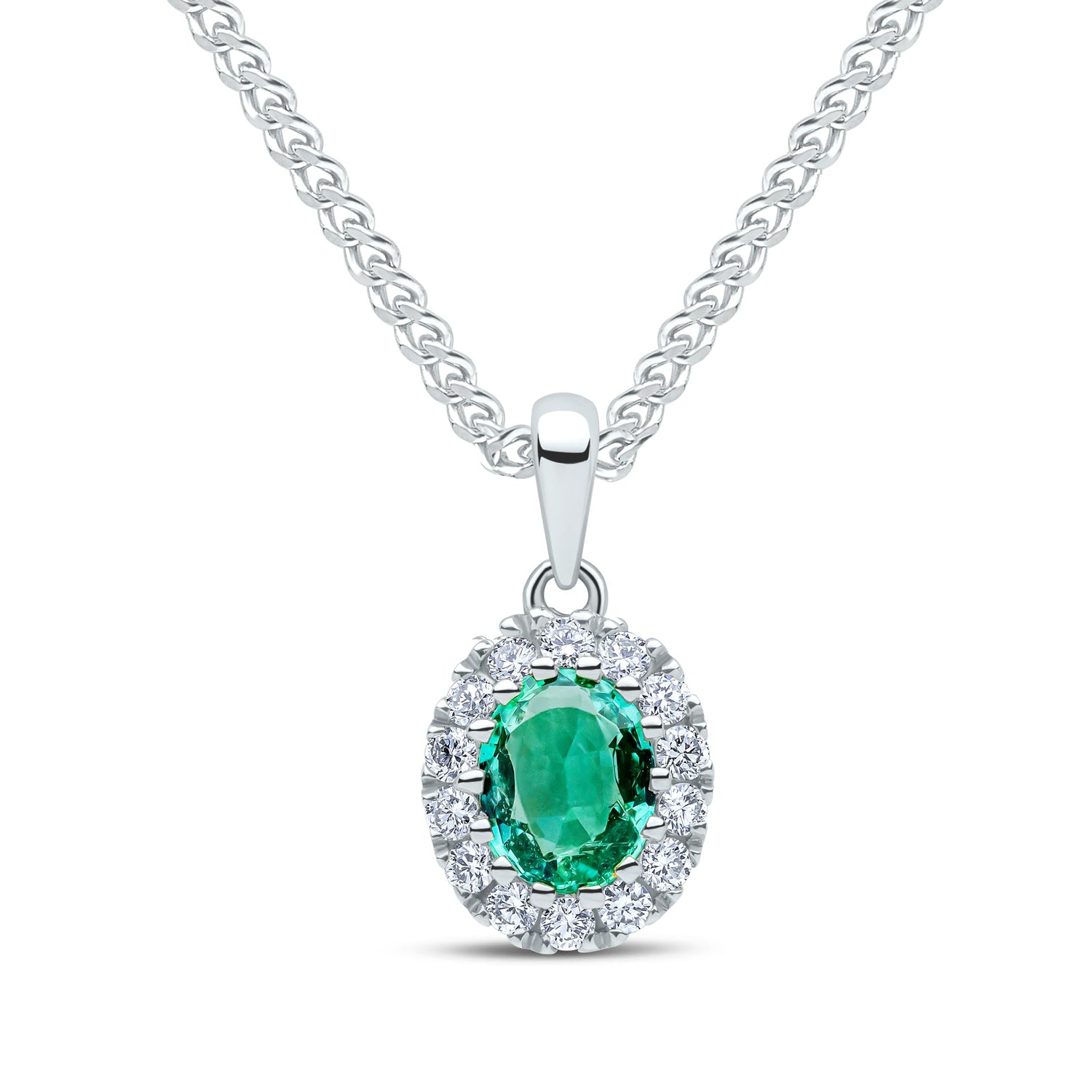 18ct White Gold Oval Natural Emerald and Round Diamond Cluster Pendant — 5x4mm