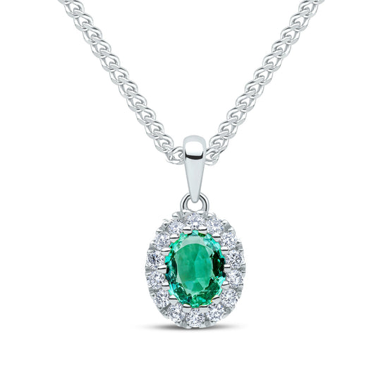 18ct White Gold Oval Natural Emerald and Round Diamond Cluster Pendant — 5x4mm