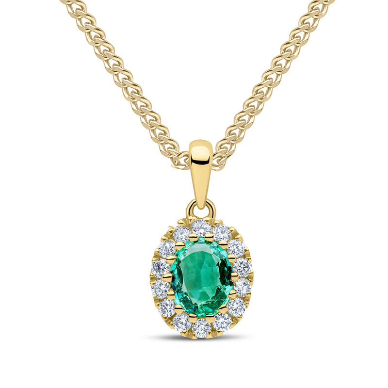 18ct Yellow Gold Oval Natural Emerald & Diamond Claw Cluster Pendant — 5x4mm