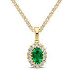 18ct Yellow Gold Oval Natural Emerald & Diamond Claw Cluster Pendant — 6x4mm