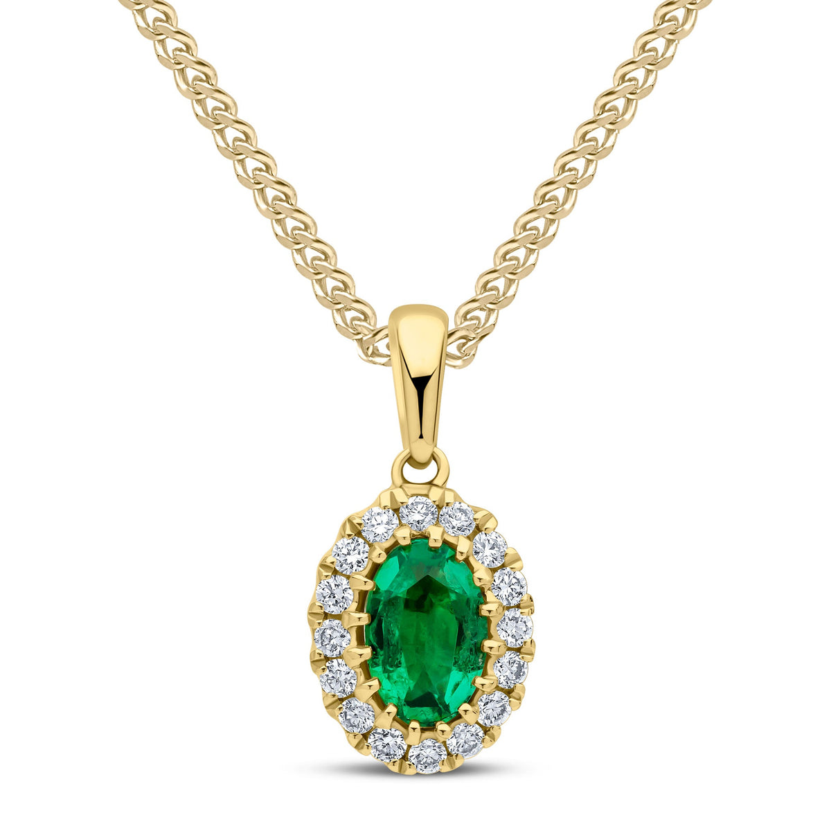 18ct Yellow Gold Oval Natural Emerald & Diamond Claw Cluster Pendant — 6x4mm