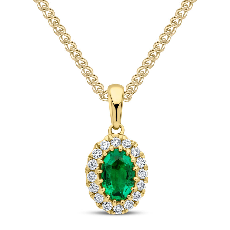 18ct Yellow Gold Oval Natural Emerald & Diamond Claw Cluster Pendant — 6x4mm