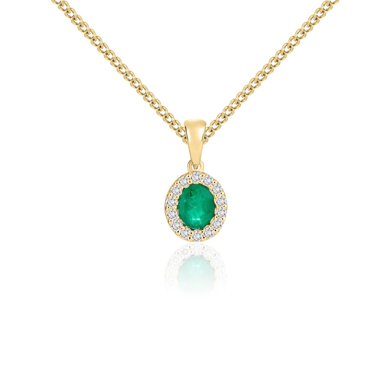 18ct Yellow Gold Oval Natural Emerald and Diamond Cluster Pendant — 5x4mm