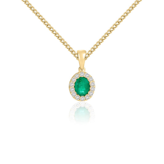 18ct Yellow Gold Oval Natural Emerald and Diamond Cluster Pendant — 5x4mm