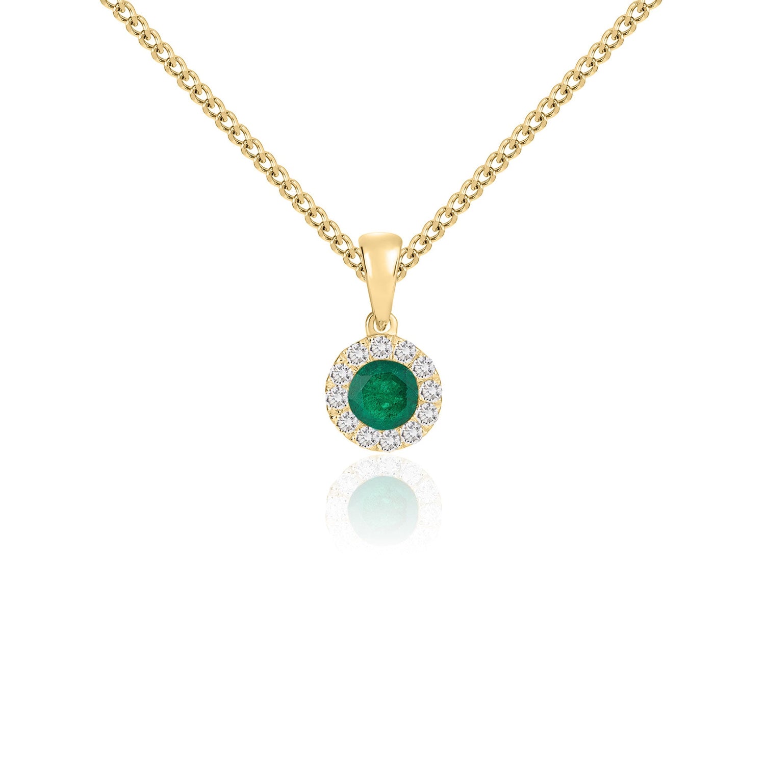 18ct Yellow Gold Round Natural Emerald and Diamond Cluster Pendant — 4mm
