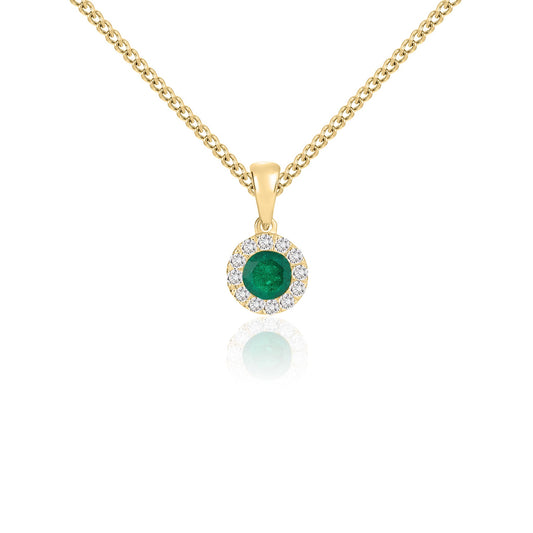 18ct Yellow Gold Round Natural Emerald and Diamond Cluster Pendant — 4mm