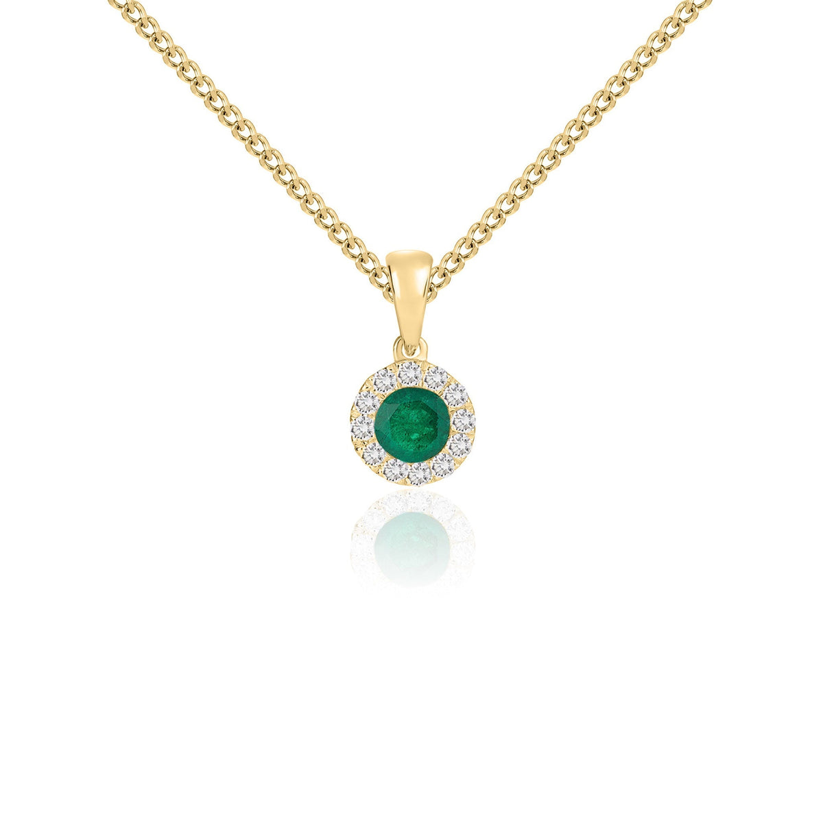 18ct Yellow Gold Round Natural Emerald & Diamond Microset Cluster Pendant — 4mm