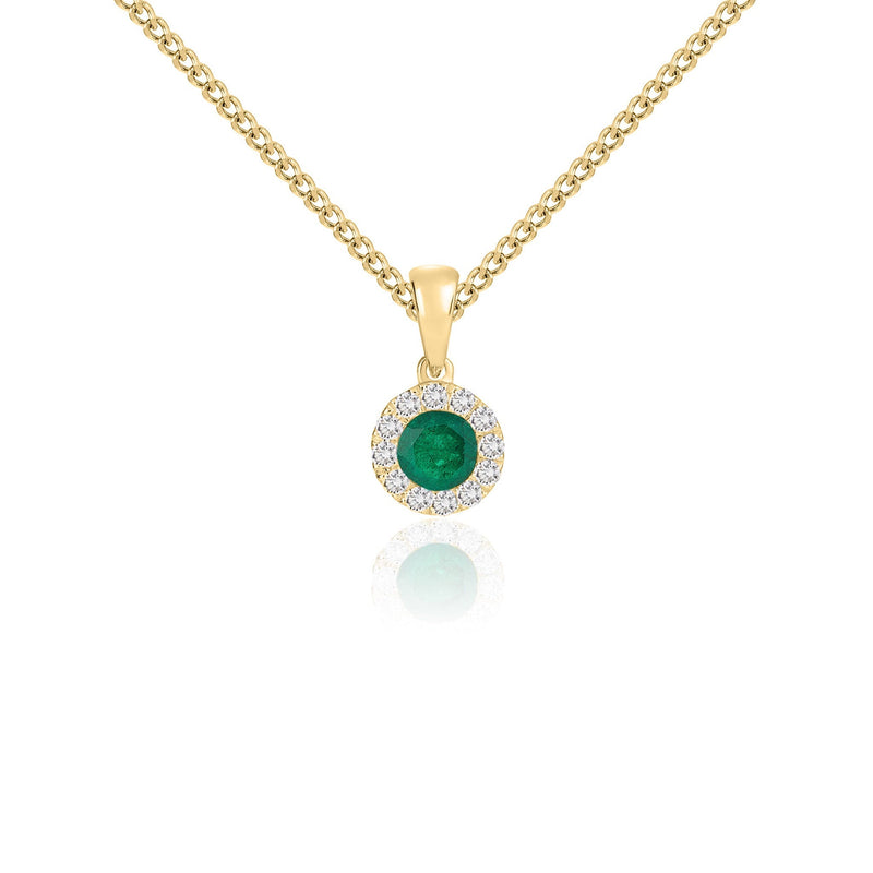 18ct Yellow Gold Round Natural Emerald & Diamond Microset Cluster Pendant — 4mm