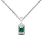 18ct White Gold Octagonal Natural Emerald & Diamond Microset Cluster Pendant — 5x3mm