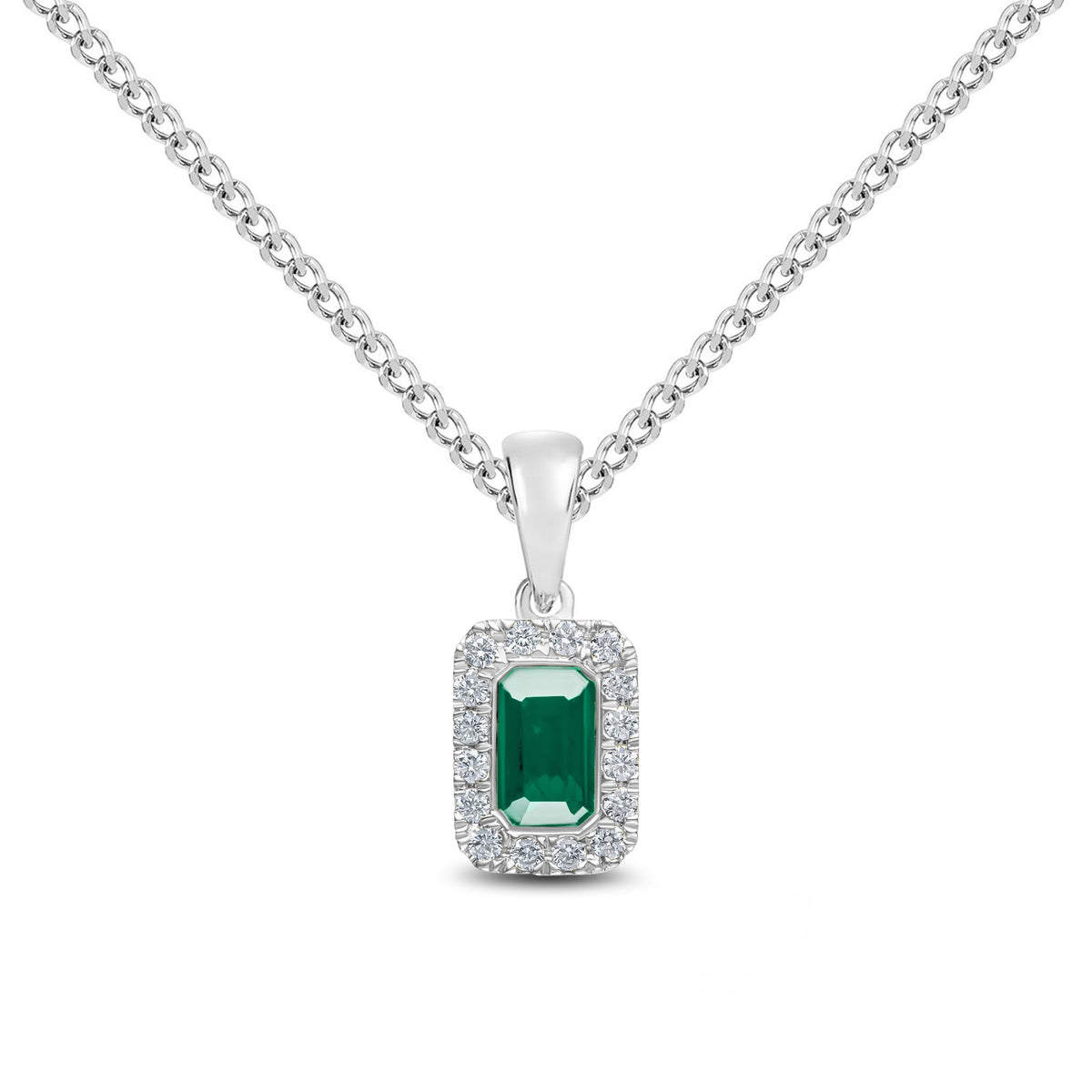 18ct White Gold Octagonal Natural Emerald & Diamond Microset Cluster Pendant — 5x3mm