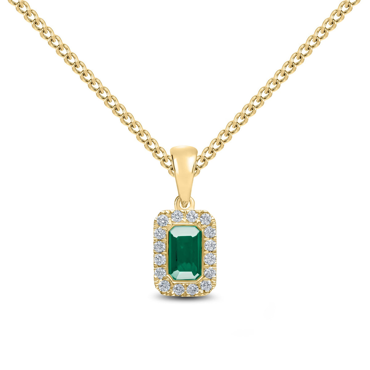 18ct Yellow Gold Octagonal Natural Emerald & Diamond Microset Cluster Pendant — 5x3mm