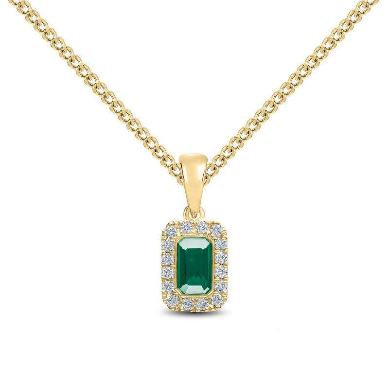 18ct Yellow Gold Octagonal Natural Emerald & Diamond Microset Cluster Pendant — 5x3mm