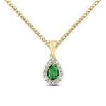 18ct Yellow Gold Pear Shaped Natural Emerald & Diamond Microset Cluster Pendant — 6x4mm
